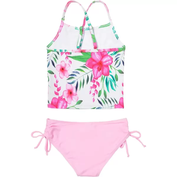 JerrisApparel Girl Tropical Leaf Swimsuit Tankini Swim Set Two Pieces Bathing SuitPink