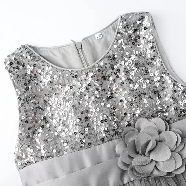 JerrisApparel Little Girls Sequin Mesh Flower Ball Gown Party Dress Tulle PromSilver Grey