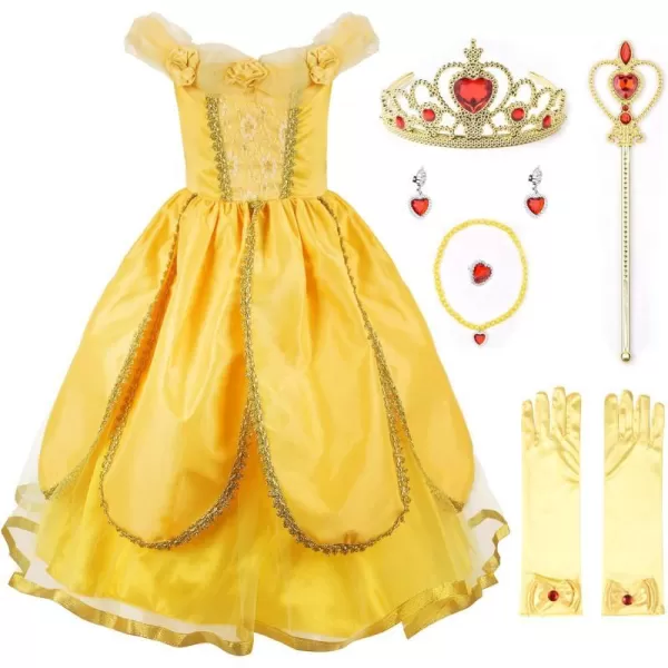 JerrisApparel Christmas Party Fancy Costume Deluxe Princess Dress Up for GirlsYellow With Accessories