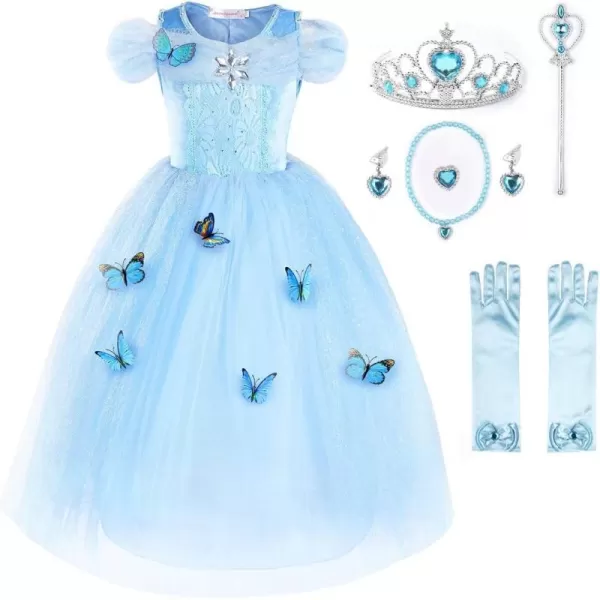 JerrisApparel Flower Girls Dress Princess Costume Butterfly GirlSky Blue With Accessories