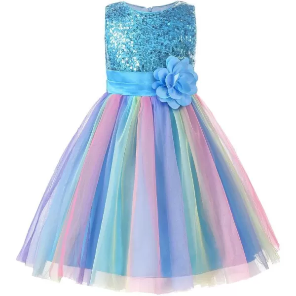 JerrisApparel Flower Girls Sequin Dress Rainbow Tutu Birthday Party Dress Pageant GownBlue