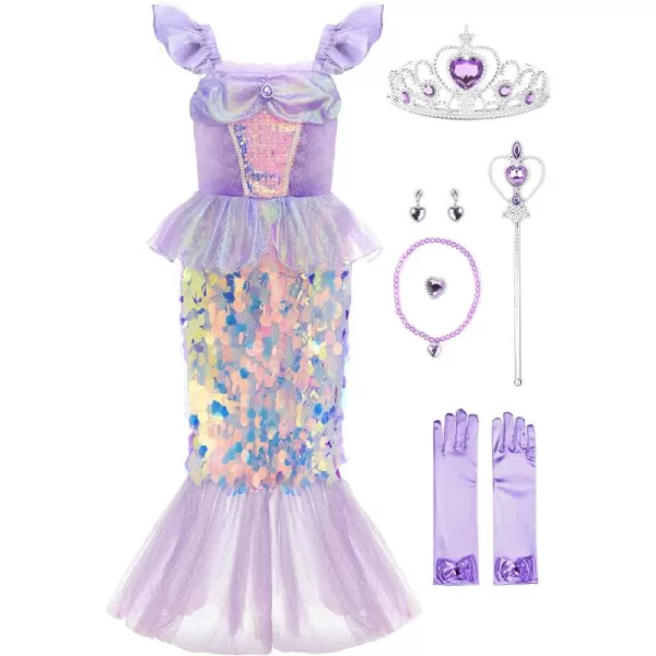 JerrisApparel Girl Princess Mermaid Costume Sequins Party Dress Pageant Tutu Skirt Role PlayPurple With Accessories