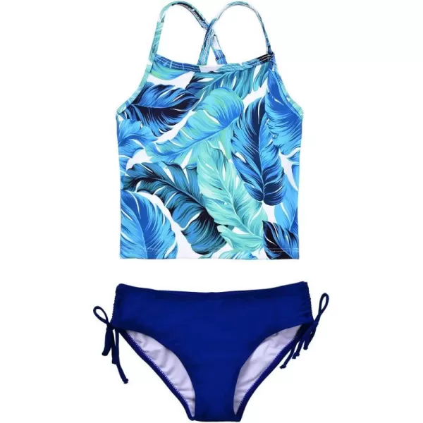 JerrisApparel Girl Tropical Leaf Swimsuit Tankini Swim Set Two Pieces Bathing SuitBlue