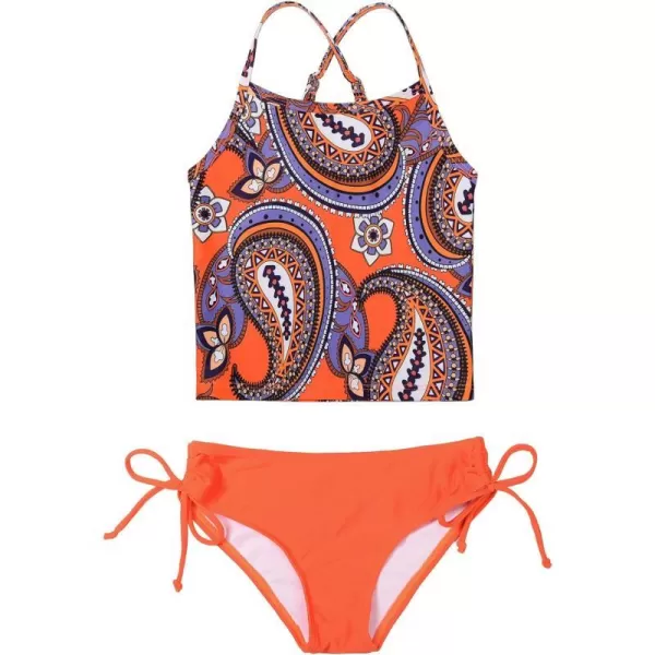 JerrisApparel Girl Tropical Leaf Swimsuit Tankini Swim Set Two Pieces Bathing SuitOrange Floral