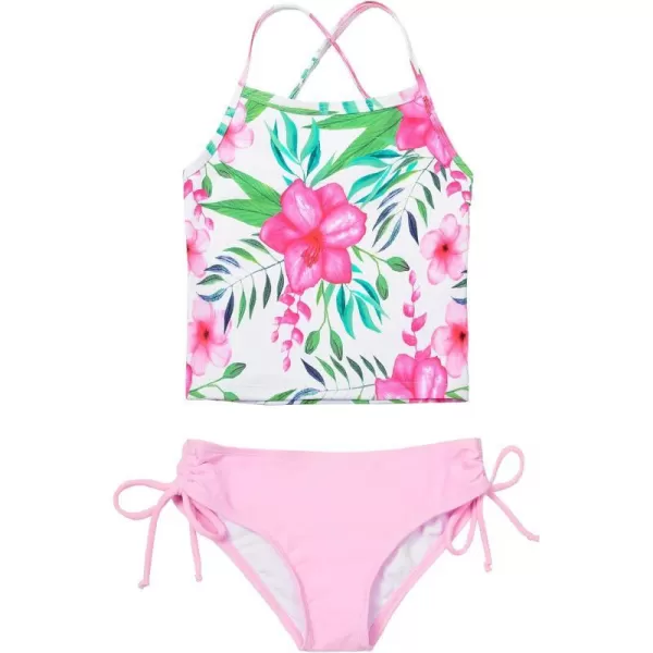 JerrisApparel Girl Tropical Leaf Swimsuit Tankini Swim Set Two Pieces Bathing SuitPink