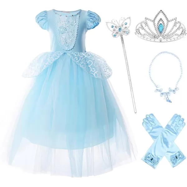 JerrisApparel Girls Princess Costume Puff Sleeve Fancy Birthday Party Dress upBlue With Accessories