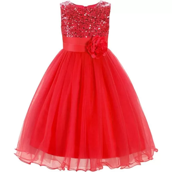 JerrisApparel Little Girls Sequin Mesh Flower Ball Gown Party Dress Tulle PromRed