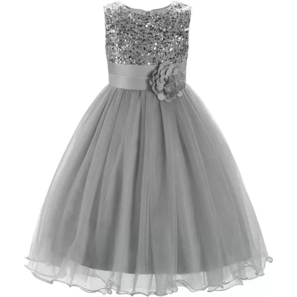 JerrisApparel Little Girls Sequin Mesh Flower Ball Gown Party Dress Tulle PromSilver Grey