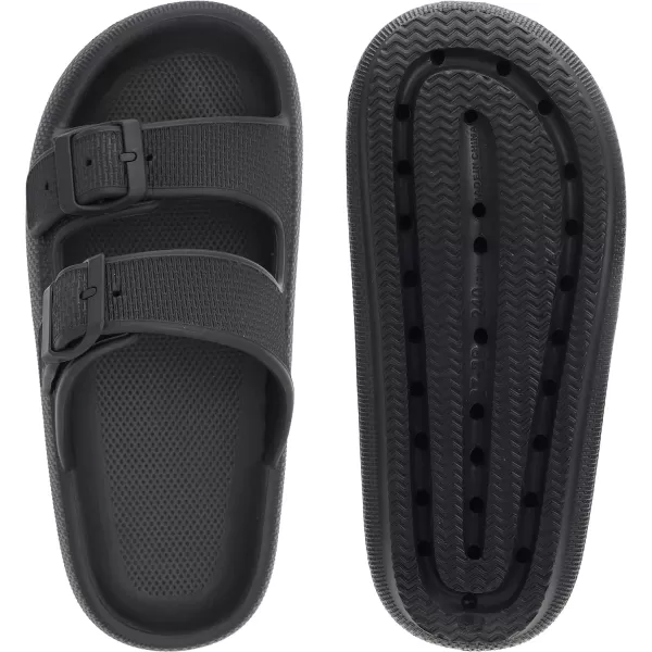 BRONAX Pillow Slippers for Women and Men  Adjustable Double Buckle Shower Slides  Cushioned Thick Sole SandalsY15  All Black