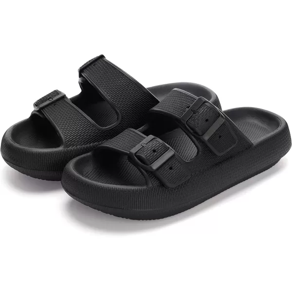 WHITIN Slides for Women Men Double Buckle Adjustable Thick Sole Pillow Slippers Bathroom SandalsBlack