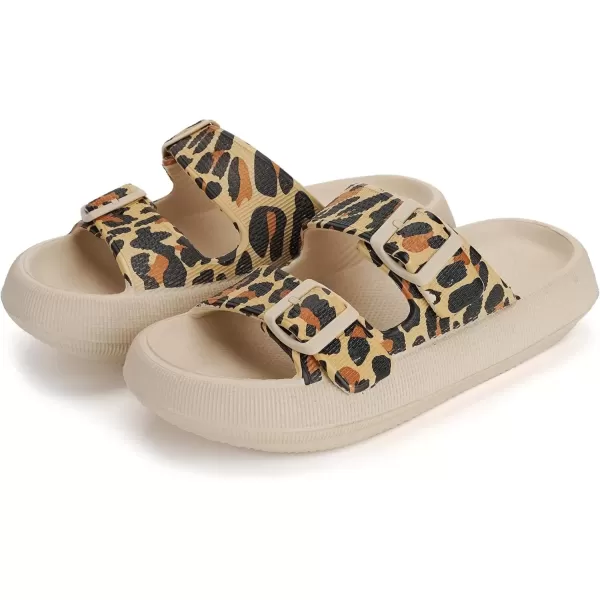 imageWHITIN Double Buckle Slippers for Women Men EVA Foam Adjustable Squishy Slides Cushion Thick Sole Pillow Slides Wide Sandals Leopard