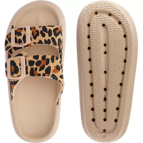 imageWHITIN Double Buckle Slippers for Women Men EVA Foam Adjustable Squishy Slides Cushion Thick Sole Pillow Slides Wide Sandals Leopard