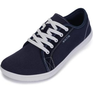 imageWHITIN Womens CanvasLeather Barefoot Shoes  Wide Width Minimalist Sneakers  Classic Fit Low TopW81v2  Canvas Navy Blue