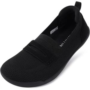 imageWHITIN Womens Round Toe Slip On Penny Loafers  Wide Width Barefoot Flats with Breathable KnitBlack