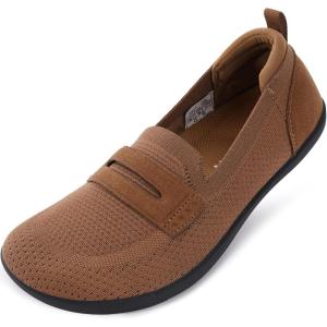 imageWHITIN Womens Round Toe Slip On Penny Loafers  Wide Width Barefoot Flats with Breathable KnitBrown