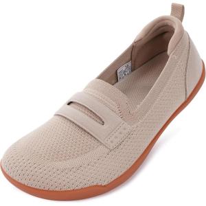 imageWHITIN Womens Round Toe Slip On Penny Loafers  Wide Width Barefoot Flats with Breathable KnitKhaki