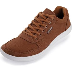 imageWHITIN Mens Wide Barefoot Shoes  Stylish Canvas Minimalist Sneakers  Zero Drop SoleW882  Brown White Canvas Upper