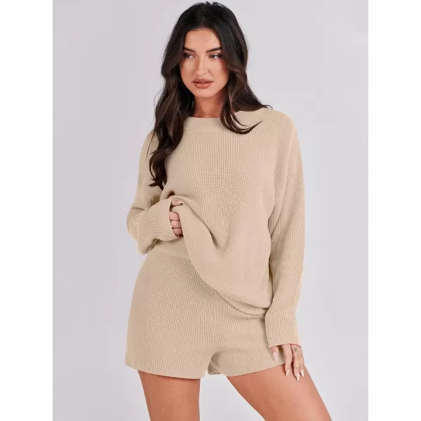 imageANRABESS 2 Piece Outfits For Women 2024 Spring Lounge Matching Loungewear Sets Oversized Sweater and Shorts SetBeige