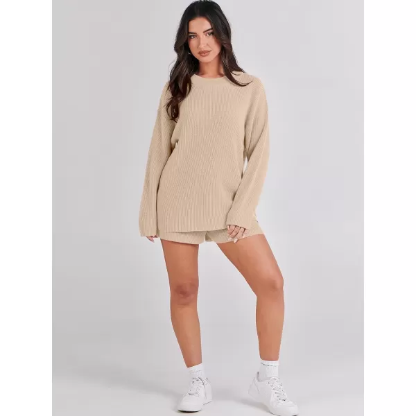 imageANRABESS 2 Piece Outfits For Women 2024 Spring Lounge Matching Loungewear Sets Oversized Sweater and Shorts SetBeige