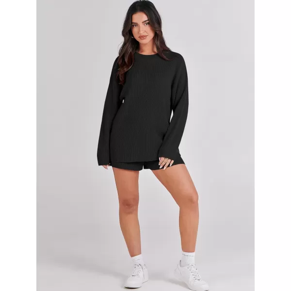 imageANRABESS 2 Piece Outfits For Women 2024 Spring Lounge Matching Loungewear Sets Oversized Sweater and Shorts SetBlack
