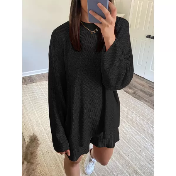 imageANRABESS 2 Piece Outfits For Women 2024 Spring Lounge Matching Loungewear Sets Oversized Sweater and Shorts SetBlack
