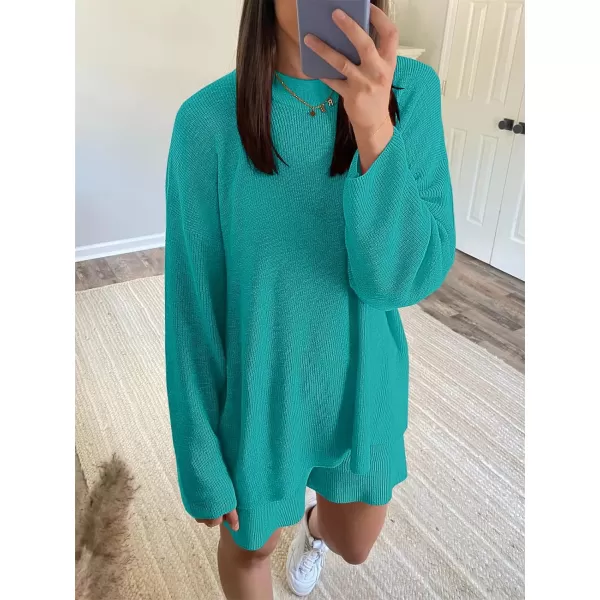 imageANRABESS 2 Piece Outfits For Women 2024 Spring Lounge Matching Loungewear Sets Oversized Sweater and Shorts SetCyan