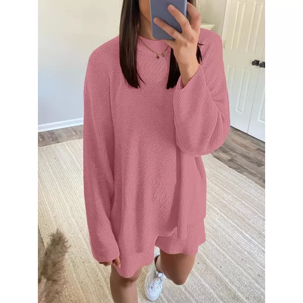 imageANRABESS 2 Piece Outfits For Women 2024 Spring Lounge Matching Loungewear Sets Oversized Sweater and Shorts SetDrak Pink