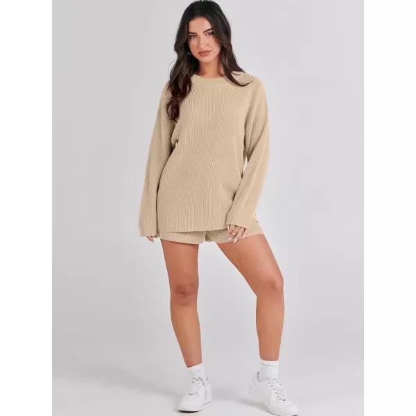 imageANRABESS 2 Piece Outfits For Women 2024 Spring Lounge Matching Loungewear Sets Oversized Sweater and Shorts SetKhaki
