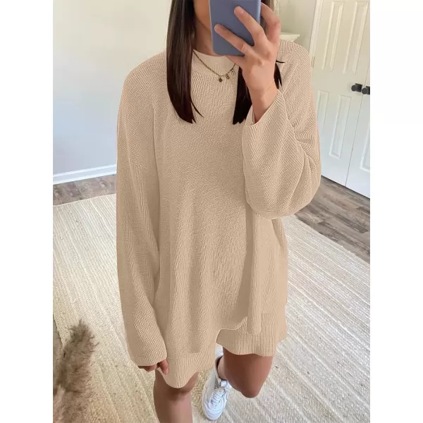 imageANRABESS 2 Piece Outfits For Women 2024 Spring Lounge Matching Loungewear Sets Oversized Sweater and Shorts SetKhaki