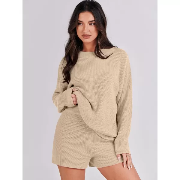 imageANRABESS 2 Piece Outfits For Women 2024 Spring Lounge Matching Loungewear Sets Oversized Sweater and Shorts SetKhaki