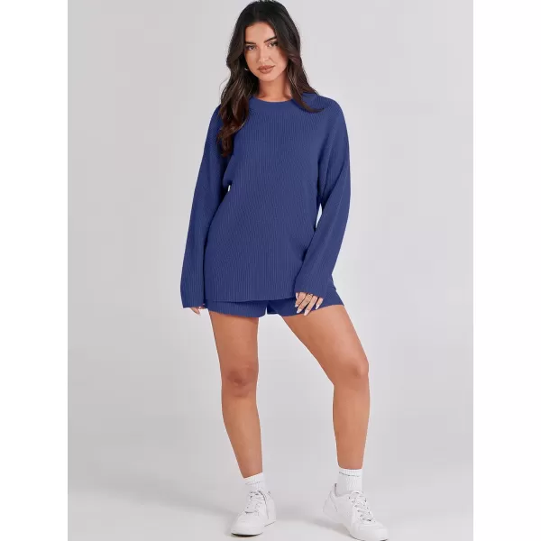 imageANRABESS 2 Piece Outfits For Women 2024 Spring Lounge Matching Loungewear Sets Oversized Sweater and Shorts SetNavy Blue