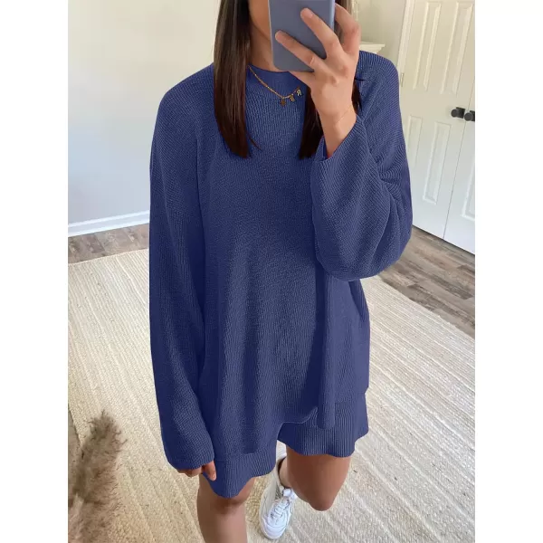 imageANRABESS 2 Piece Outfits For Women 2024 Spring Lounge Matching Loungewear Sets Oversized Sweater and Shorts SetNavy Blue