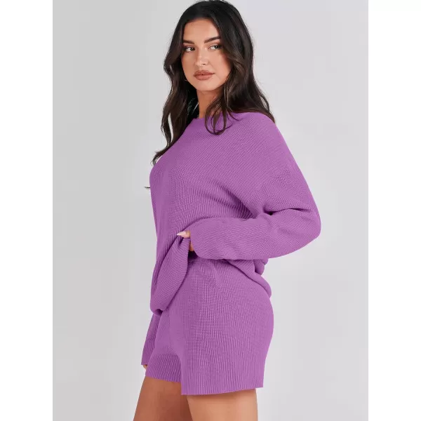 imageANRABESS 2 Piece Outfits For Women 2024 Spring Lounge Matching Loungewear Sets Oversized Sweater and Shorts SetPurple