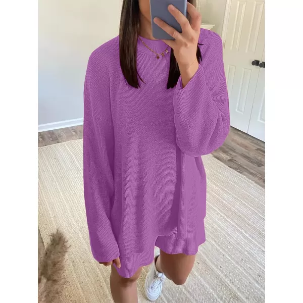 imageANRABESS 2 Piece Outfits For Women 2024 Spring Lounge Matching Loungewear Sets Oversized Sweater and Shorts SetPurple