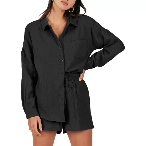 imageANRABESS 2 Piece Outfits For Women Linen Sets Long Sleeve Button Down Oversized Shirts Lounge Matching Short SetsBlack