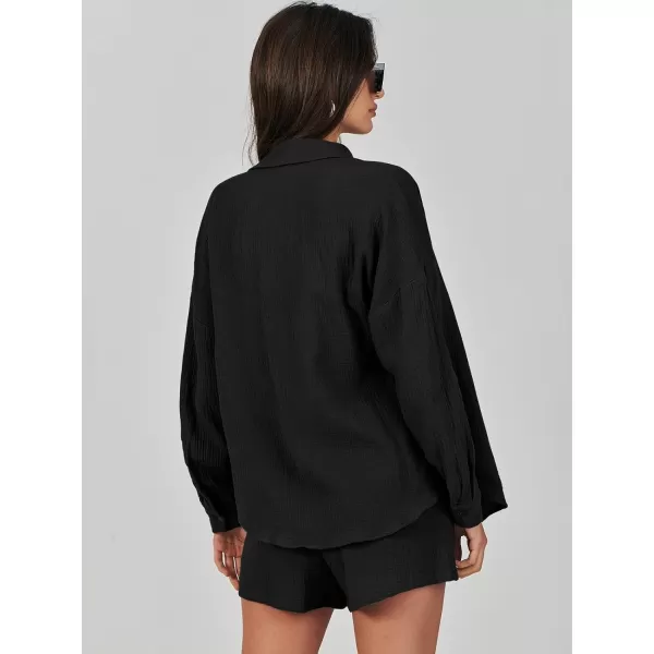 imageANRABESS 2 Piece Outfits For Women Linen Sets Long Sleeve Button Down Oversized Shirts Lounge Matching Short SetsBlack