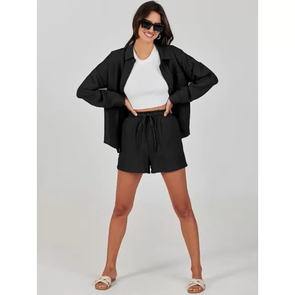 imageANRABESS 2 Piece Outfits For Women Linen Sets Long Sleeve Button Down Oversized Shirts Lounge Matching Short SetsBlack