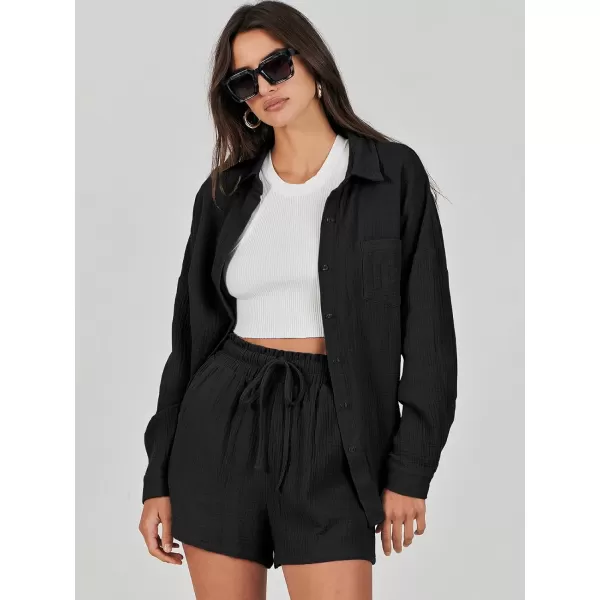 imageANRABESS 2 Piece Outfits For Women Linen Sets Long Sleeve Button Down Oversized Shirts Lounge Matching Short SetsBlack