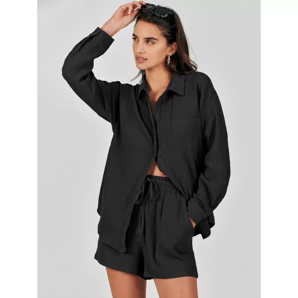 imageANRABESS 2 Piece Outfits For Women Linen Sets Long Sleeve Button Down Oversized Shirts Lounge Matching Short SetsBlack