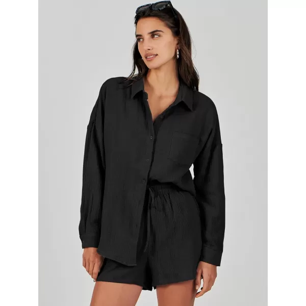 imageANRABESS 2 Piece Outfits For Women Linen Sets Long Sleeve Button Down Oversized Shirts Lounge Matching Short SetsBlack