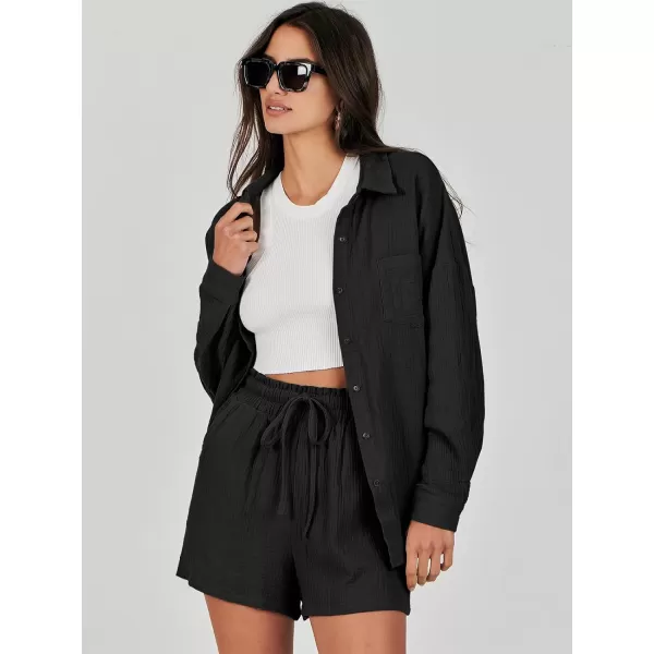 imageANRABESS 2 Piece Outfits For Women Linen Sets Long Sleeve Button Down Oversized Shirts Lounge Matching Short SetsBlack