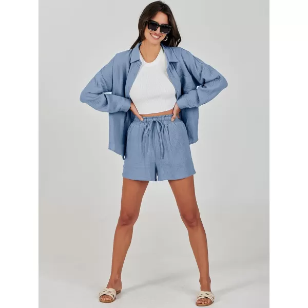imageANRABESS 2 Piece Outfits For Women Linen Sets Long Sleeve Button Down Oversized Shirts Lounge Matching Short SetsBlue