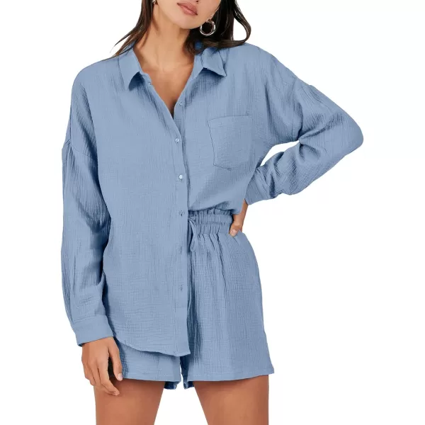 imageANRABESS 2 Piece Outfits For Women Linen Sets Long Sleeve Button Down Oversized Shirts Lounge Matching Short SetsBlue