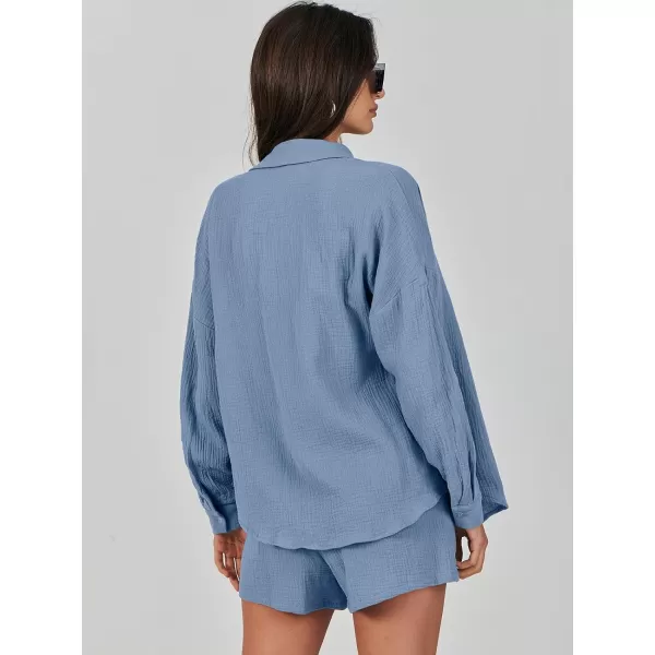 imageANRABESS 2 Piece Outfits For Women Linen Sets Long Sleeve Button Down Oversized Shirts Lounge Matching Short SetsBlue