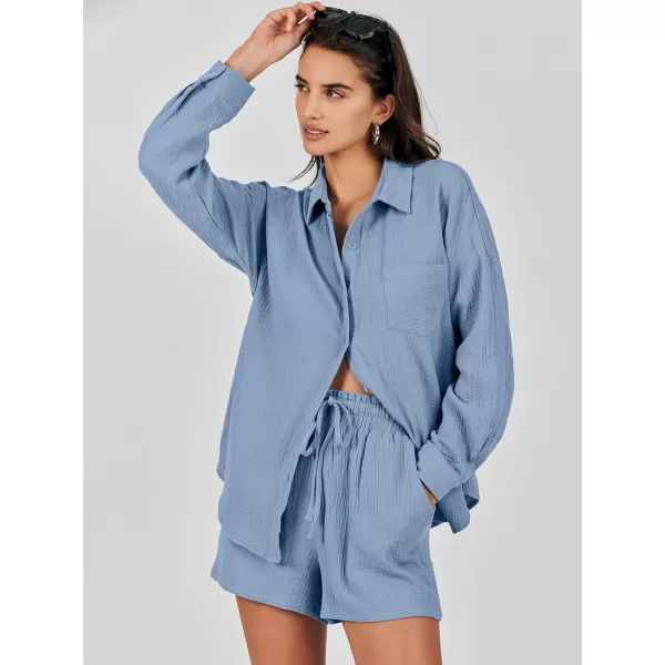 imageANRABESS 2 Piece Outfits For Women Linen Sets Long Sleeve Button Down Oversized Shirts Lounge Matching Short SetsBlue
