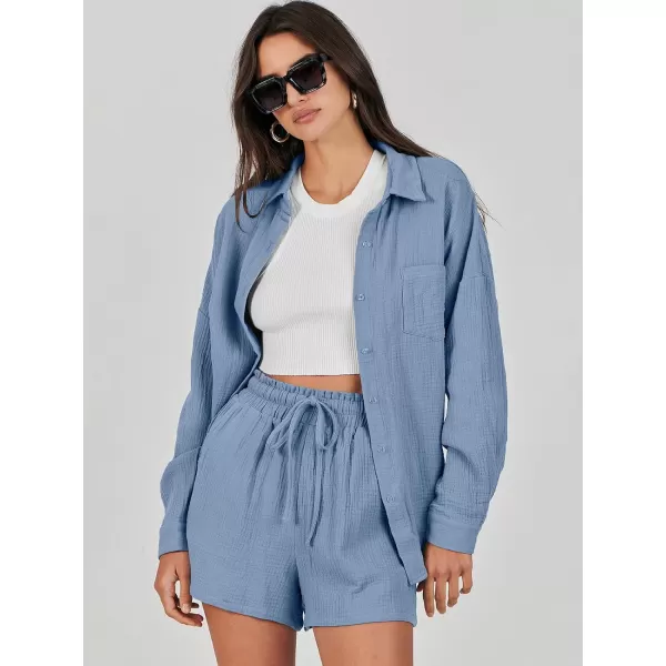 imageANRABESS 2 Piece Outfits For Women Linen Sets Long Sleeve Button Down Oversized Shirts Lounge Matching Short SetsBlue