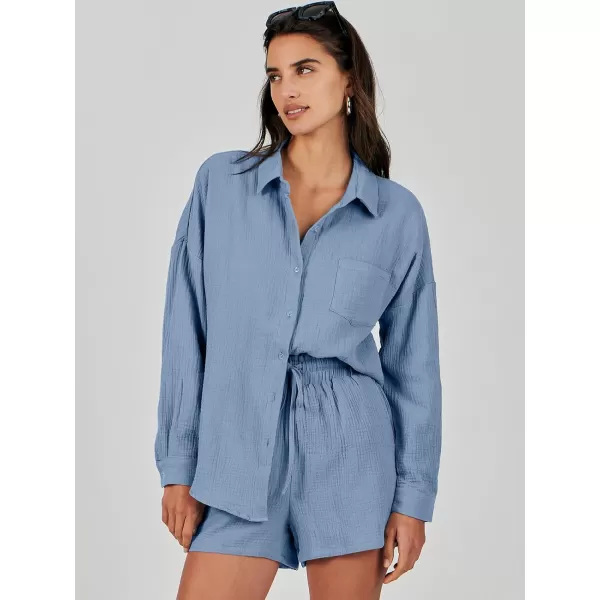 imageANRABESS 2 Piece Outfits For Women Linen Sets Long Sleeve Button Down Oversized Shirts Lounge Matching Short SetsBlue