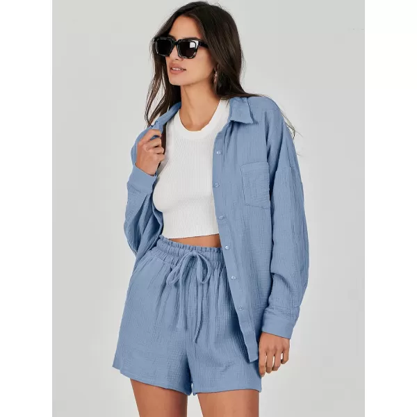 imageANRABESS 2 Piece Outfits For Women Linen Sets Long Sleeve Button Down Oversized Shirts Lounge Matching Short SetsBlue