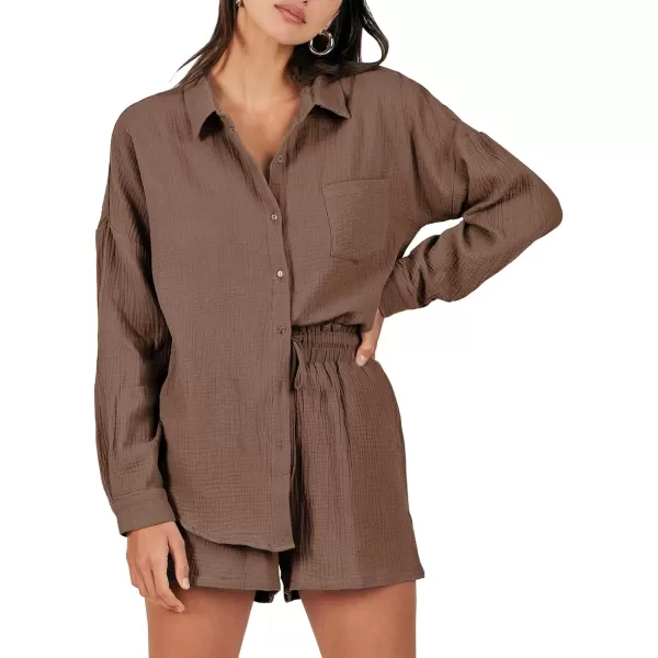 imageANRABESS 2 Piece Outfits For Women Linen Sets Long Sleeve Button Down Oversized Shirts Lounge Matching Short SetsBrown