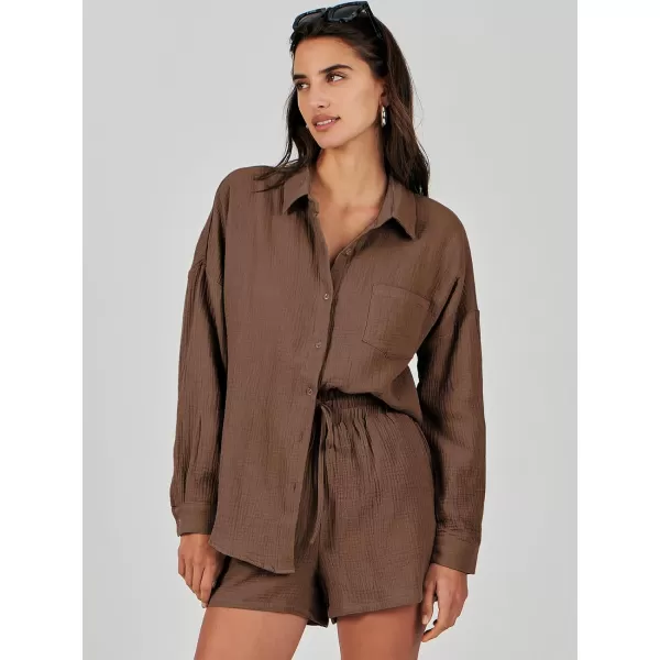 imageANRABESS 2 Piece Outfits For Women Linen Sets Long Sleeve Button Down Oversized Shirts Lounge Matching Short SetsBrown